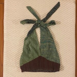 NWOT Advance Apparels Green & Brown Patterned Cropped Halter Top, Size OS